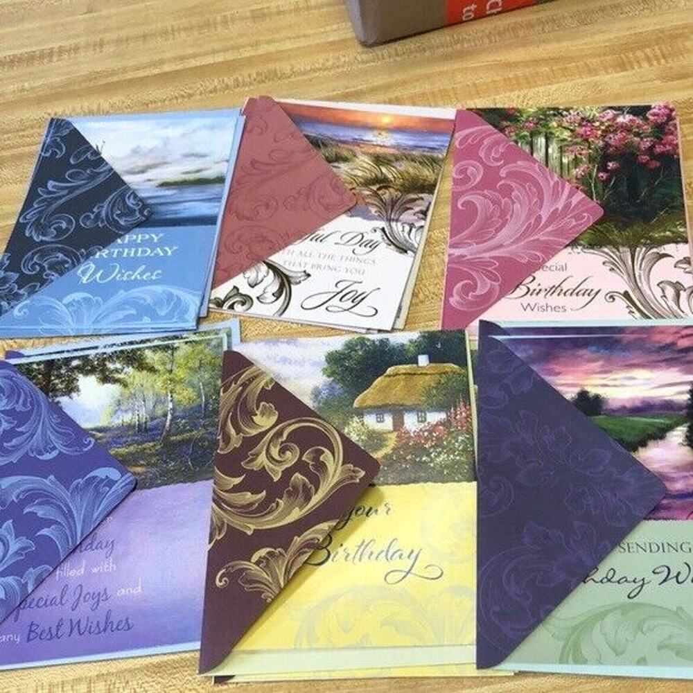 12 Happy Birthday Greeting Cards and Matching Envelopes 2 of each, Scenic Floral